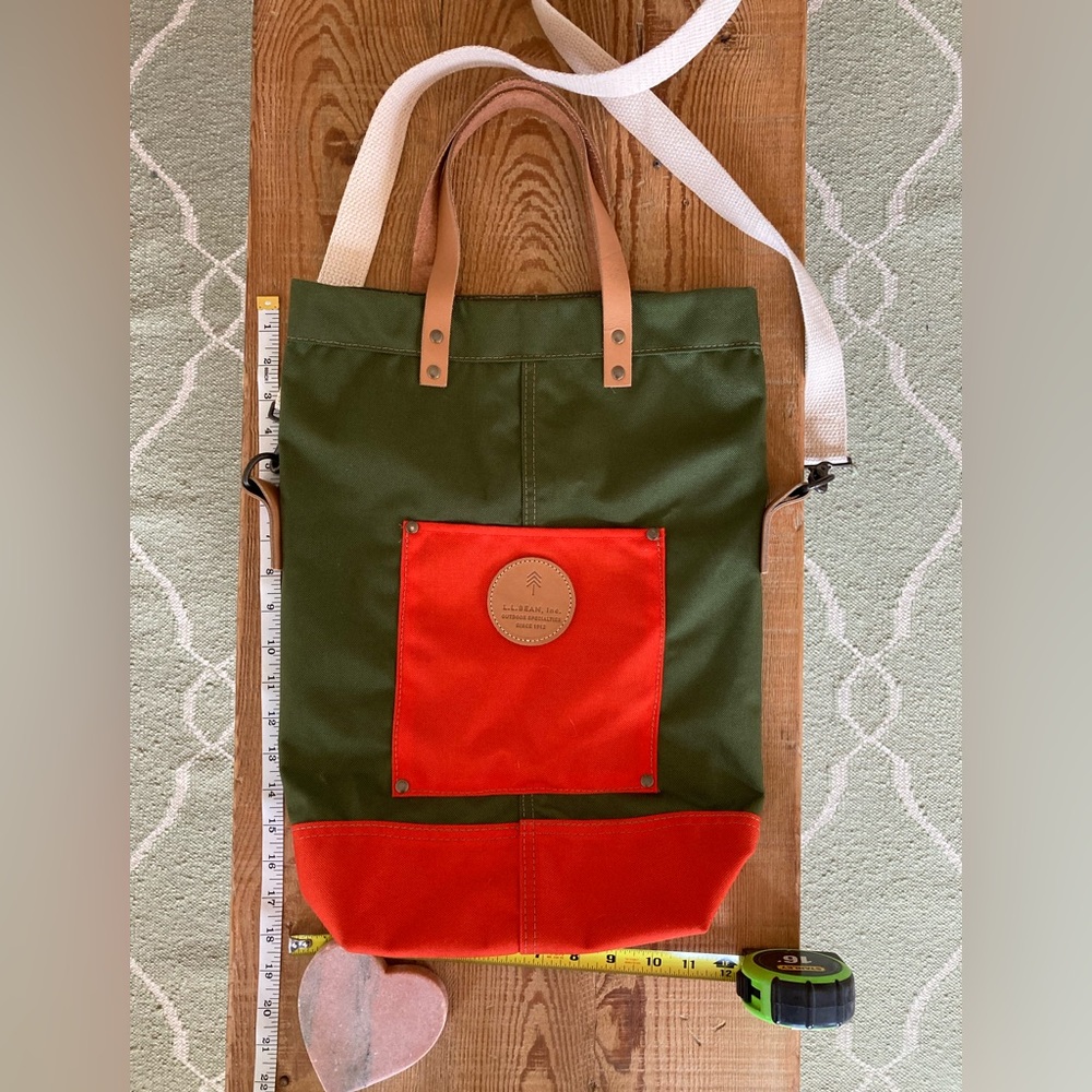 EUC LL Bean Nylon Bag with Leather Handles and Canvas Strap in Green and Orange